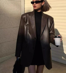 Women Black Brown Soft PU Leather Blazer Shoulder Pads Long Sleeve Single Breasted Loose Casual Jacket Tops Korean Fashion Coat voguable