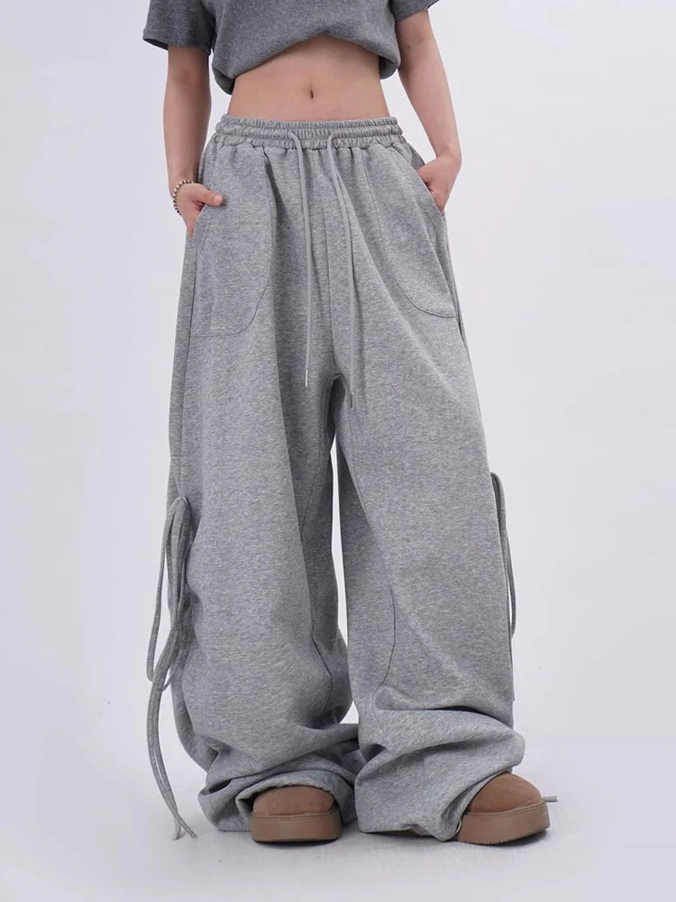 Streetwear Gray Sweatpants Women Low Waist Loose Harajuku Pockets Pants American Casual Hip Hop Lace Up Oversize Bf Trousers New voguable