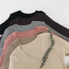 Rib-knit Long Sleeve Top for Women Soft Stretchy V-neck Fitted Knit Top Sweater Pullover Ladies Autumn Winter Layering Outfit voguable