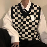 Voguable Sweater Vest Autumn New Loose Men's Checkerboard Plaid Vintage V-neck Sleeveless Knitted Vests Color Contrast Casual Sweaters voguable