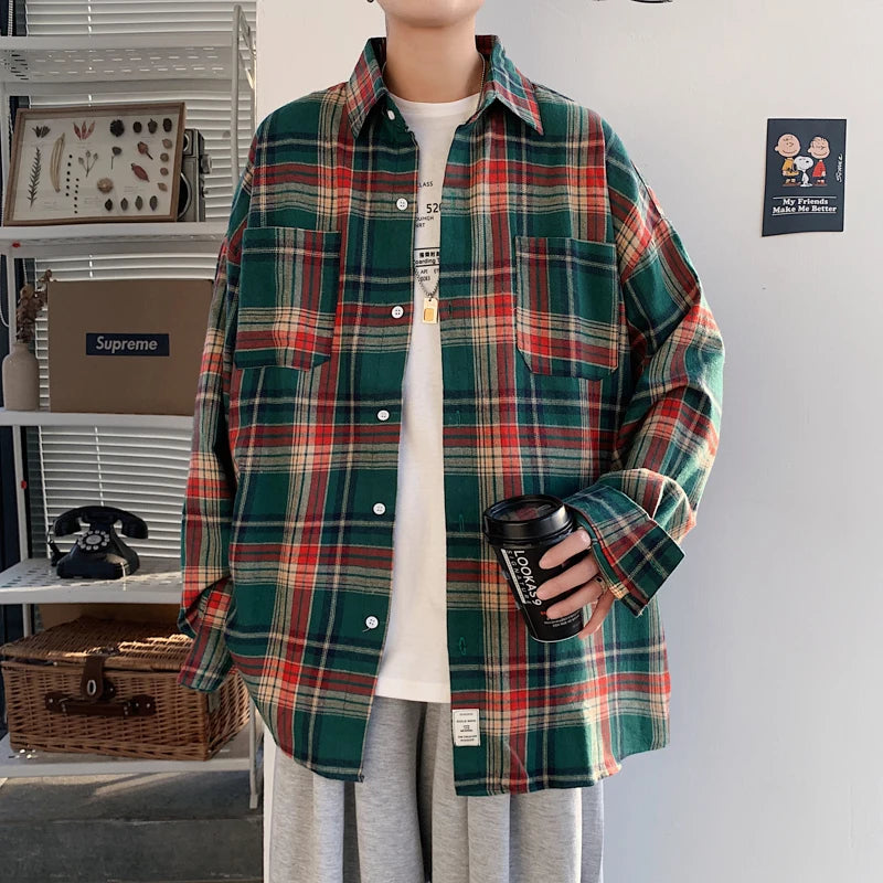 Voguable Harajuku Long Sleeve Plaid Shirts Men Big Size M-5XL Autumn Chic Loose Vintage High Street All-match Gentleman Camisa voguable
