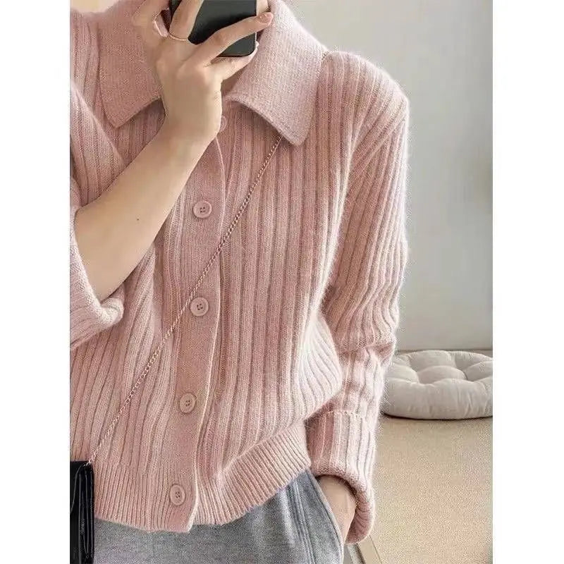 Pink Turn-down Collar Sweater Coats Women Warm Color Knitted Ingle-breasted Striped Fashion Casual Office Lady Cardigans Tops voguable