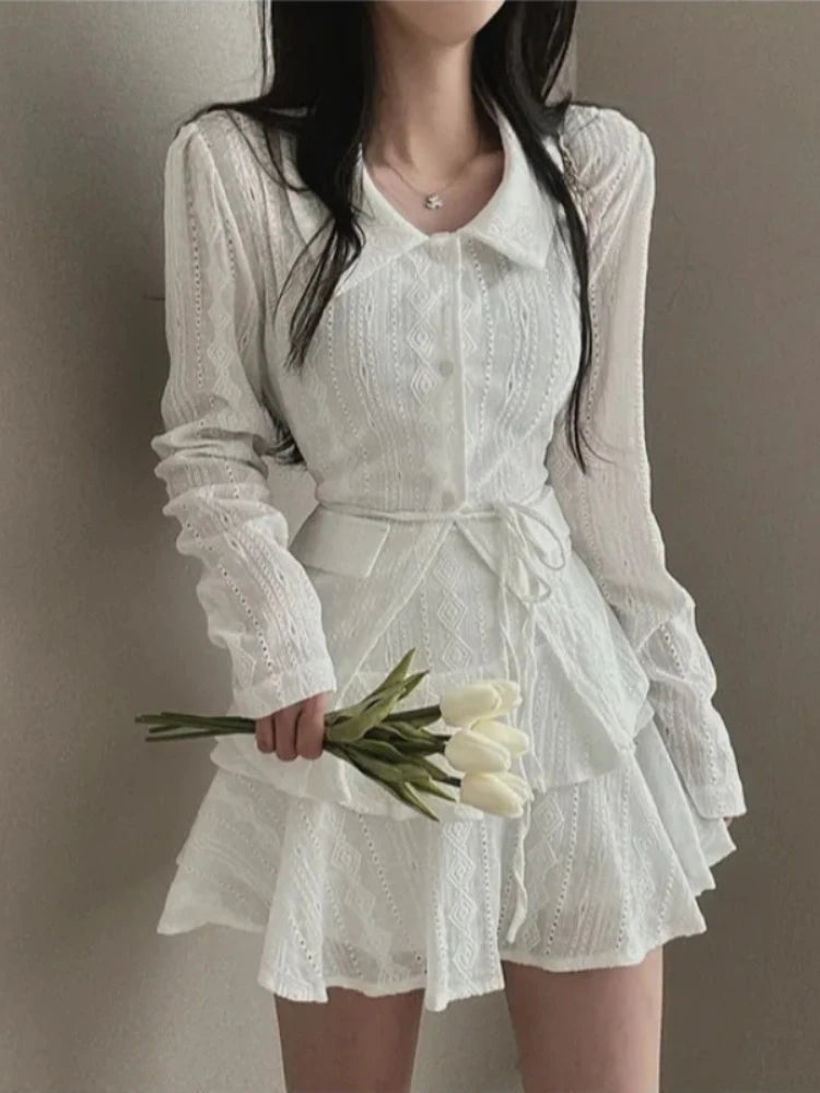 Voguable Harajuku Simple Fashion Skirts Set Women French Solid Chic Top Shirts + Mini Cake Skirt Office Korean Design Casual 2 Piece Sets voguable