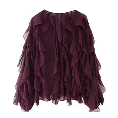 New Women Sexy Semi-sheer Ruffle Shirt Long Sleeve V Neck Front Button Spring Blouse Burgundy Blusas Mujer voguable