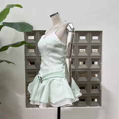 Fashion Contrast Color Green Spaghetti Strap Dress Women's Slim Metal Buckle Bottom Shorts Mini Dresses Summer New 3A106 voguable