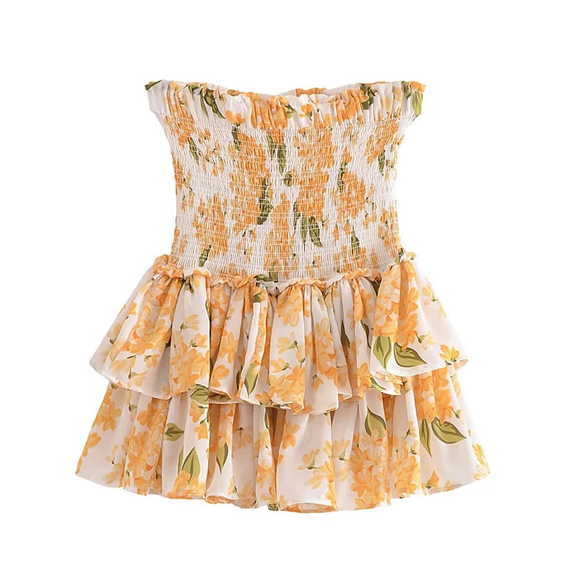 Voguable Women French Style Floral Print Cake Mini Skirt Vintage Elastic Waist Female Ruffle Hem Summer Chiffon Skirts voguable