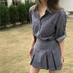 Fake Denim Fashion Spring Summer Outfits 2025 New Lapel Blouse Top And Short Skirt Two Piece Set Streetwear Shirts + Pleat Skirt voguable