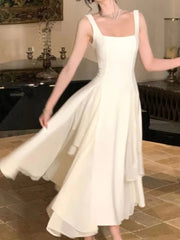 Ruffles Evening Party Dress for Women Elegant Sleeveless Square Collar A Line Solid Summer Prom Robe Korean Vestidos voguable