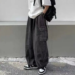 2024 Spring Autumn Men Baggy Jeans Men Wide Leg Pants Big Pockets Elastic Waist Streetwear Trousers Male Loose Denim Pants voguable