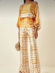 Women Print Satin Outfit Lantern Sleeve Off Shoulder Long Sleeve Blouse Office Lady 2 Piece Sets New Casual Wide Leg Pants Suits voguable