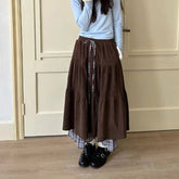 Voguable Corduroy Vintage Long Skirt Japanese Preppy Plaid Patchwork High Waist Women Skirts Harajuku Retro Loose Casual Sweet Cake Skirt voguable