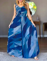 Voguable Retro watercolor print V-neck elastic thick belt high waisted backless workwear casual shirt waist cinched wide leg jumpsuit voguable