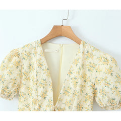 New Women Vintage Puff Short Sleeve V Neck Yellow Floral Print Dress Pleated Hem Female Holiday Summer Mini Robe