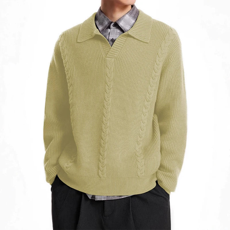 New American Retro Men Polo Sweater Luxury Trendy Jacquarded V Neck Knit Solid Color Pullover Leisure Loose Long Sleeve Knitwear voguable