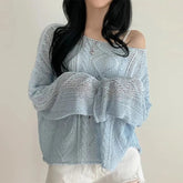 Long Sleeve Crochet Top Cable Knit Summer Beach Bikini Cover Up Crop Pullover Openwork Blouse Women Vacation Boho Outfit voguable