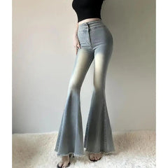Hot Girl High Waist Tassel Women Fishtail Floor Mopping Jeans Spring Summer Slimming Elasticity Fashion Casual Denim Flare Pants voguable