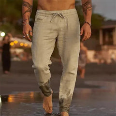 Voguable European and American Cross-border New Men's Solid Color Drawstring Linen Loose Casual Pants voguable