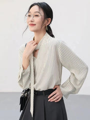 Elegant Lace Up Striped Blouse Women Fall Chic Hollow Out Long Sleeve Sweet Shirt Korean High Quality Loose Fashion New Top voguable