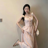 Voguable Pink Patchwork Camis Dress Women Sexy Chic Spaghetti Strap Long Dress Korean Fashion All Match Square Neck Casual Slim Vestidos voguable