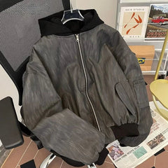 American Double Zipper Jacket Men's Hip Hop Simple Varsity Jacket Loose Fake Two Piece Hooded Outdated PU Leather Coat voguable