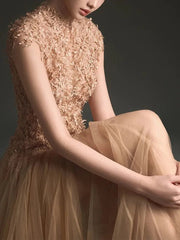 New High Neck Women Dress Sleeveless Exquisite 3D Floral Embellishments Flowing Tulle Long Dresses Female voguable