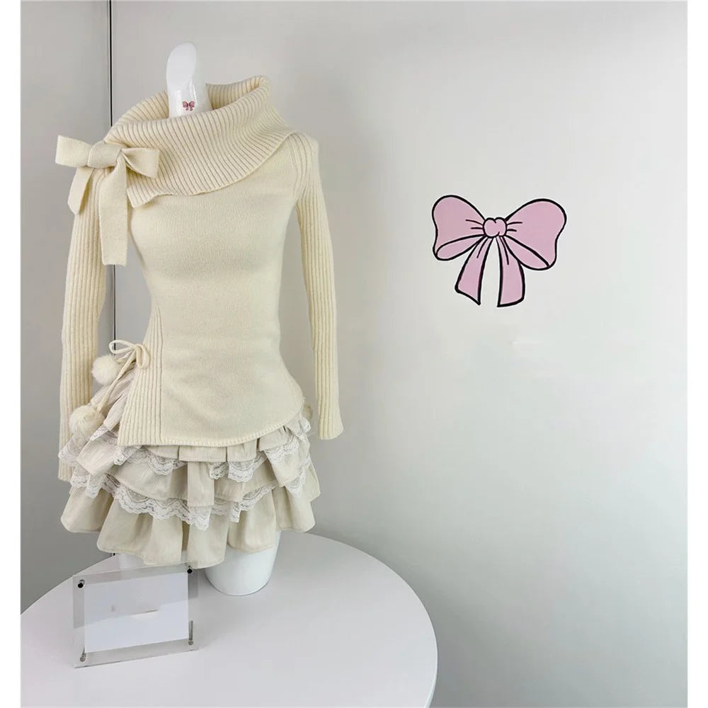Voguable Autumn Winter Woman Kawaii Sweet 2 Piece Set Off Shoulder Bow Knitted Tops + Mini Cake Skirt Female Korean Fashion Casual Suits voguable