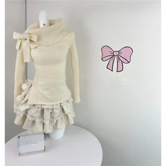 Voguable Autumn Winter Woman Kawaii Sweet 2 Piece Set Off Shoulder Bow Knitted Tops + Mini Cake Skirt Female Korean Fashion Casual Suits voguable