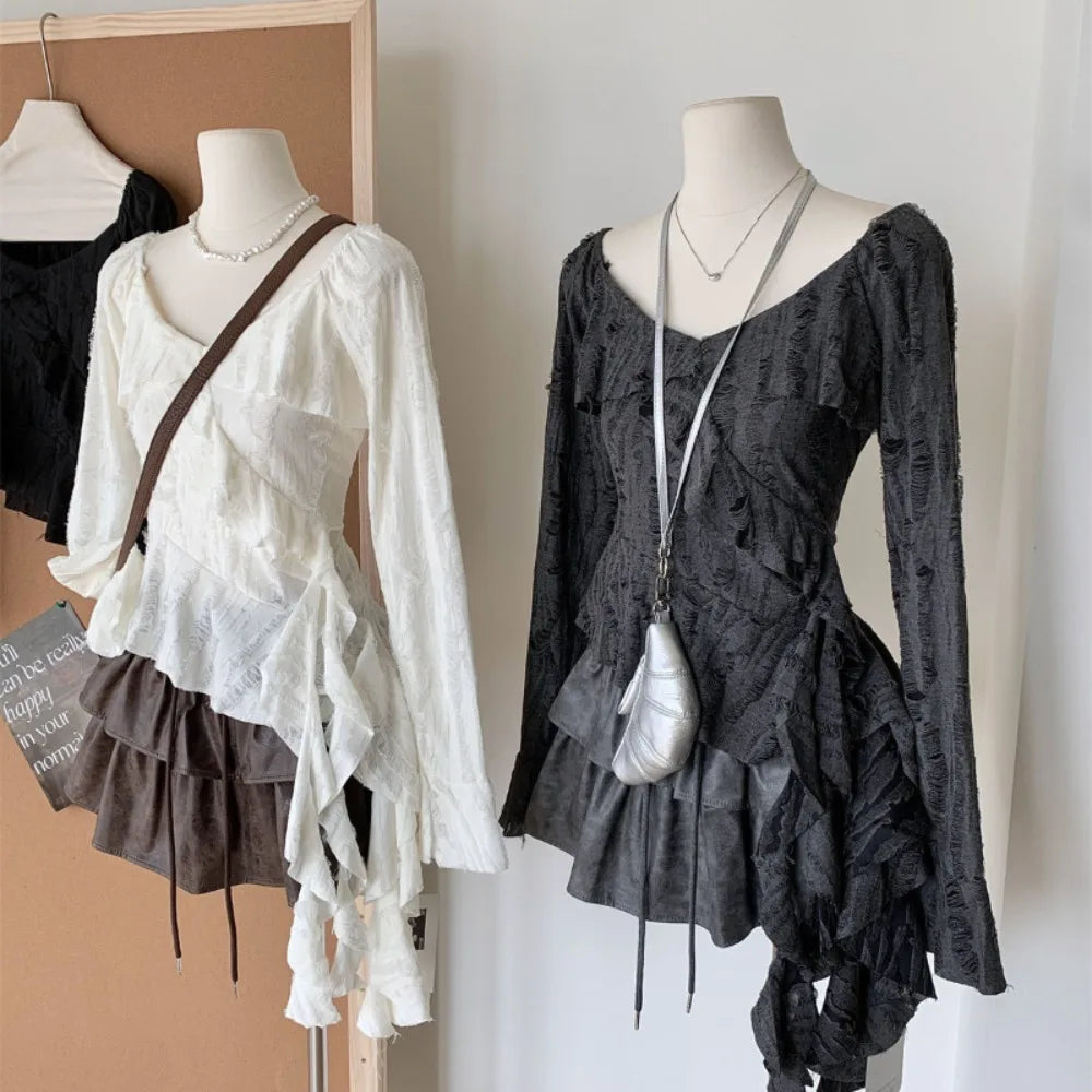 Voguable Ruffles Hollow Out Asymmetric Slim T-shirt New Sweet Mermaid Mesh Ropa Mujer Spice Girls Sexy New Trendy Y2K Blouses voguable