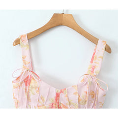 New Women Floral Print Pink Bone Slim Tank Top Pleated Ruffle Hem Summer Corset Crop Top Holiday ropa de mujer voguable