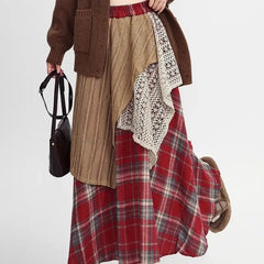Autumn Winter Woolen Plaid Skirts Women Elastic High Waist Patchwork Irregular Waste Soil Wind Fashion Loose A-line Big Skirt voguable