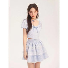 Voguable 2024 Summer Lolita Kawaii Suit Woman Lace Sweet Plaid Set Casual Short Tops Princess Party Y2k Mini Skirt Fashion Clothing Chic voguable