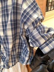Blue Plaid Shirt for Women Autumn Korean Loose Drawstring Long Sleeve Female Tops Y2K Retro Preppy Single Breasted Blouse Ladies voguable