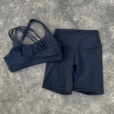 Voguable Solid Color High Waist Gym Yoga Short Legging Set Tight Women Cross Back High Impact Shoulder Strap Fitness Bra Top Sportwear voguable