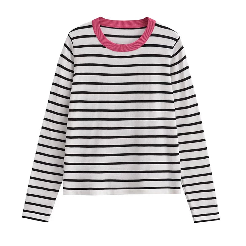 New Women Long Sleeve O Neck Striped Casual Knit Sweater