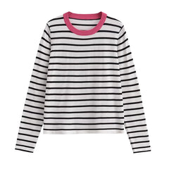 New Women Long Sleeve O Neck Striped Casual Knit Sweater