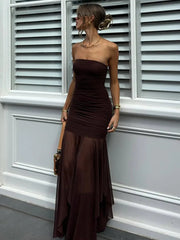Mozision Off-shoulder Strapless Sexy Maxi Dress For Women Borwn Sleeveless Backless High Waist Bodycon Club Long Dress Elegant voguable