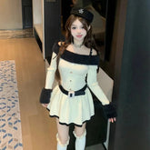 Voguable Women Knitted Mini Dress Autumn Hottie Slash Neck Patchwork Fashion Camisole Dresses Off Shoulder Belt Button Casual Vestidos voguable