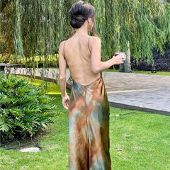 Fashion V-neck Satin Party Dress Vacation Beach Slim Women Long Dress Tie Dye Printing Streetwear Summer Slip Dresses 2025 New voguable