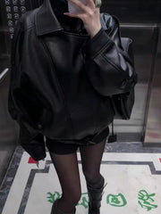 Black Pu Leather Coats Women Y2K Fashion Streetwear Loose Motorcycle Jacket Autumn American Female Lapel All Match Outwear voguable
