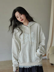 Lace Patchwork Cute Hoodies Women Loose Long Sleeve Bow Print Vintage Pullover Korean Casual Female Preppy Style Sweet Tops voguable