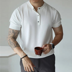 New Fashion American Style Men T-shirt Light Luxury Knitted Henry Collar Tees Casual Solid Color Short Sleeve Breathable Tops voguable
