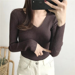 Rib-knit Long Sleeve Top for Women Soft Stretchy V-neck Fitted Knit Top Sweater Pullover Ladies Autumn Winter Layering Outfit voguable
