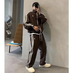 style trendy men's double pole sweatshirt suit men's lazy sports style casual loose ins couple versatile long-sleeved trousers
