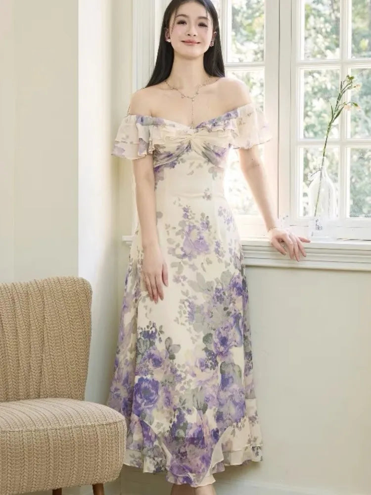 Summer 2025 New Vingeta Printing Dress For Woman Slash-Neck Ruffles Slim Waist Long Dresses Sexy Fashion Holiday Casual Vestidos voguable