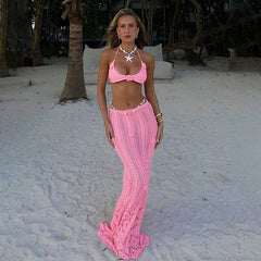 Knit Flower Lace-up Skirt Two Pieces Sets For Women Patchwork Pink Crop Tops And Slim Fit Long Skirt Two Pieces Sets voguable