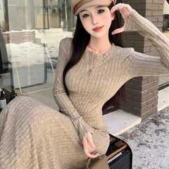 Long Sleeve Dress Women Solid Slim Knit Basic Midi Dress Autumn Winter Elegant All Match Vestidos Female Defined Waist New voguable