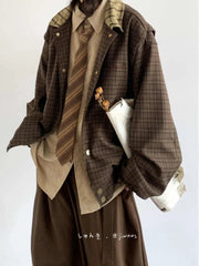 Spring Autumn Japanese Retro Plaid Jacket Men Women Couples College Style Splicing Embroidery Casual Loose Trend Jacket Urban voguable