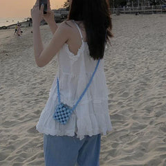 Voguable Preppy Style Short Tank for Women Summer Ruffles Design White Camisole Woman Japanese Sweet Beach Sleeveless V-Neck Tops voguable