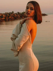 TARUXY Knitted Backless Long Dress For Women Ruffled Lace Up High Waist Maxi Dresses Femme Party Elegant Bandage Fashion Dress voguable