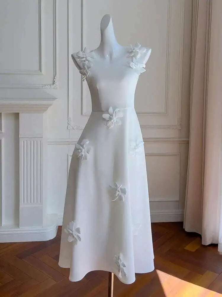 Three-dimensional Flowers Dresses Women's Sleeveless High Waist Elegant Evening Dress Female 2025 New Clothing voguable